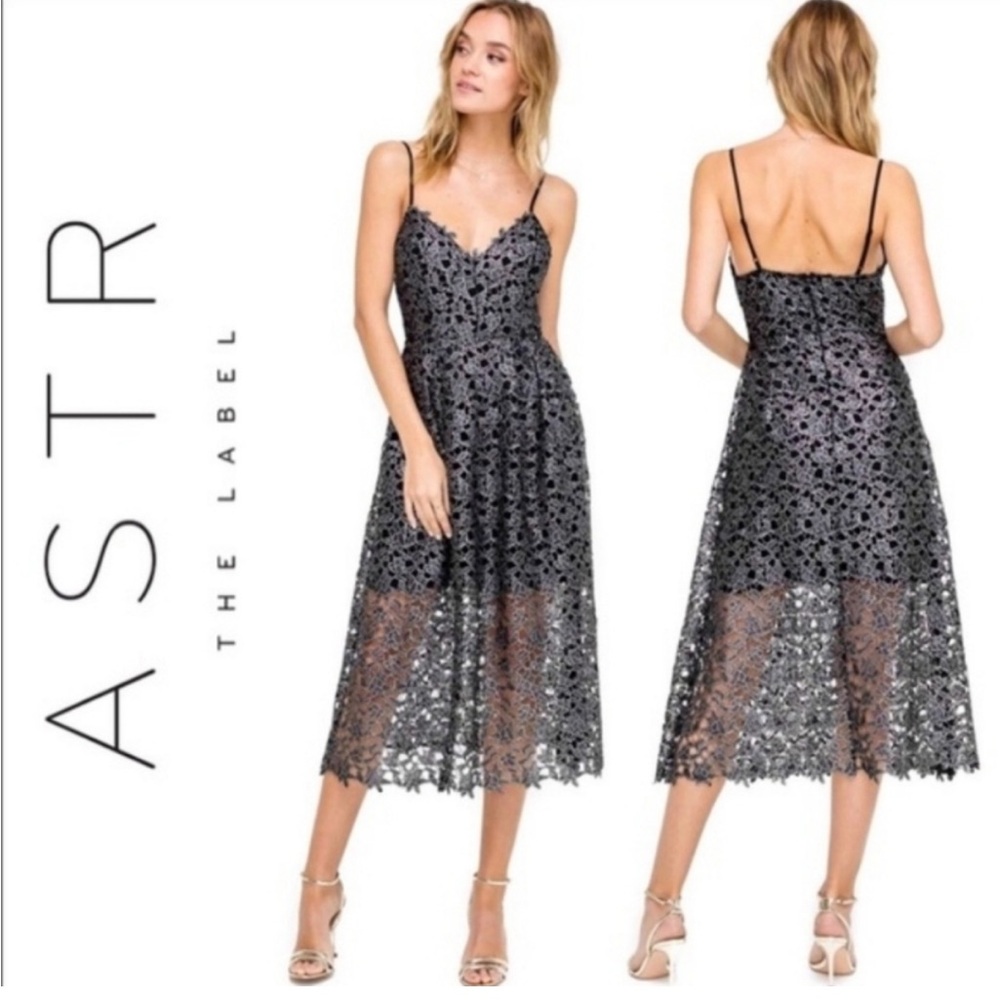 🖤 Astr Metallic Black Lace Midi Dress